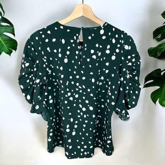 1.STATE Painted Dot Puff Sleeve Top in Forest Green - M | Medium - Picture 5 of 10